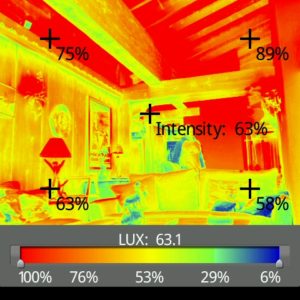 image photométrique des niveaux d'éclairement en lux dans un chalet